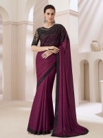 Wine Berry Gold Zari Satin Georgette Saree